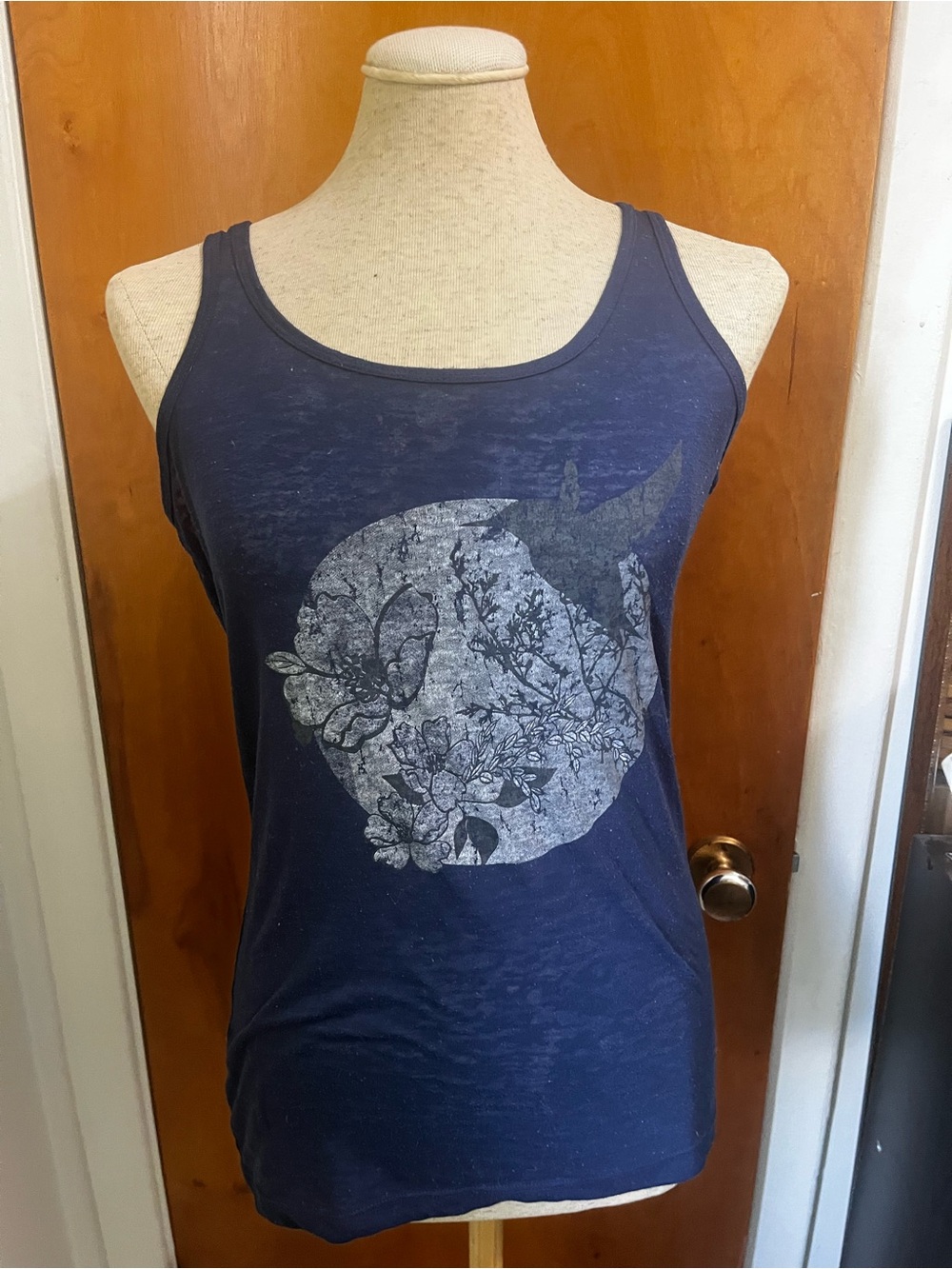 Tag Navy Tank Top with Silver Floral Moon Graphic